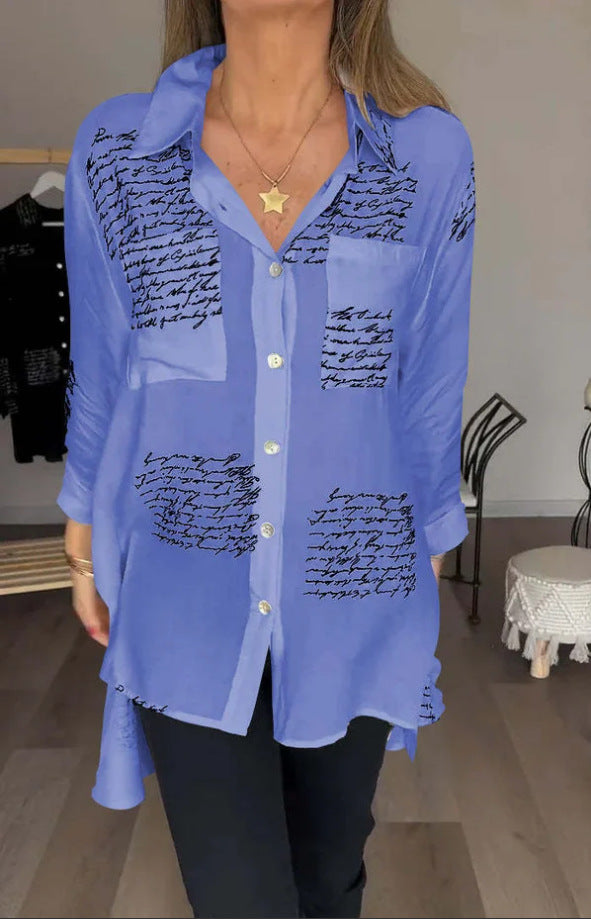 Damen Oversize Hemd Bluse aus leichtem Chiffon mit Text-Patch-Druck und aufgenähter Brusttasche Drune