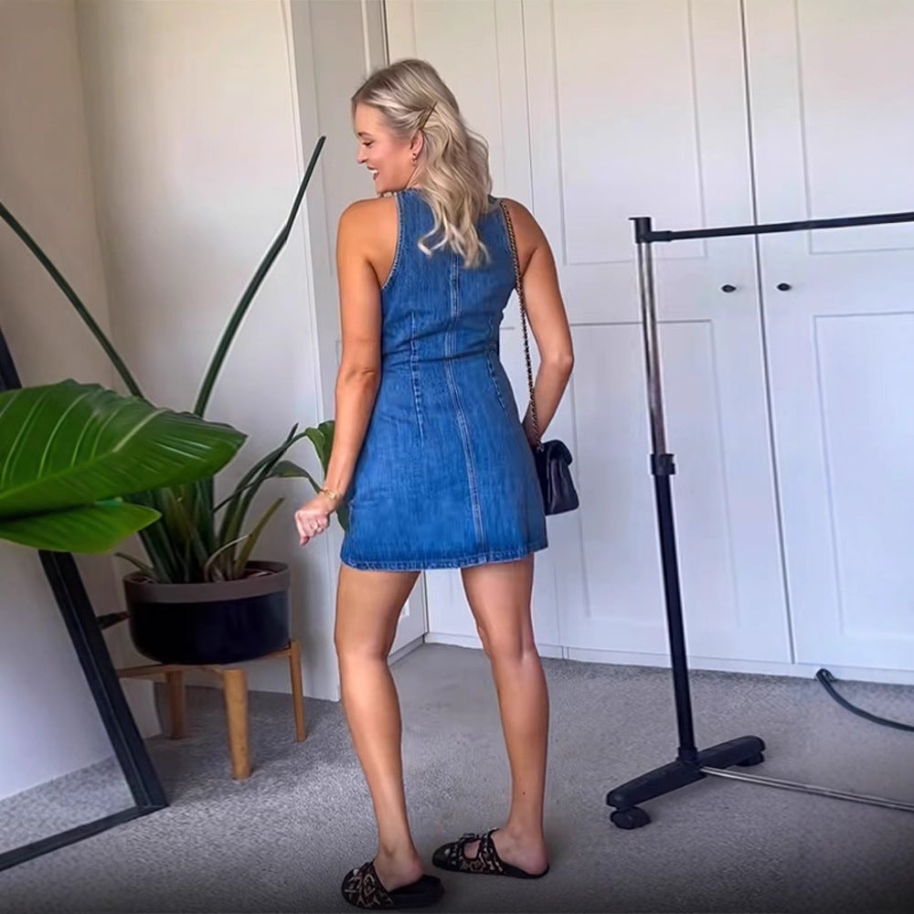 Damen Figurbetontes Ärmelloses Denim-Minikleid mit Mittelknopfleiste Drune