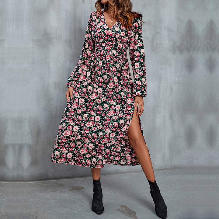 Damen Maxikleid mit V-Ausschnitt, taillierter Empire-Naht, seitlichem Beinschlitz und floralem Allover-Print Drune