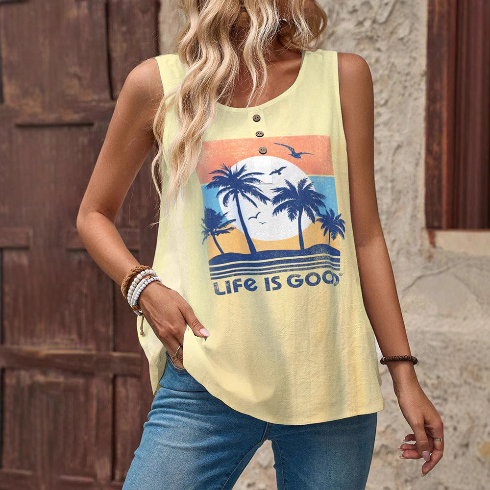 Damen nan ärmelloses Sommer-Top mit Palmenmotiv, Zierknopfleiste und lockerem Schnitt Drune
