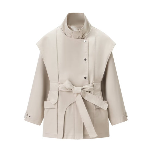 Damen modische Trenchcoatjacke mit hochgeschlossenem Kragen und praktischen Taschen Drune