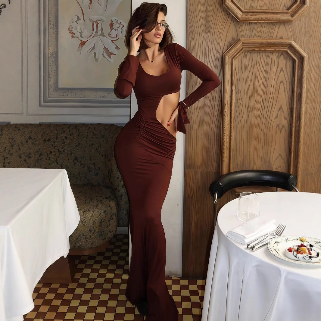Damen elegantes Maxi-Kleid mit asymmetrischem Cut-Out und Raffungen Drune