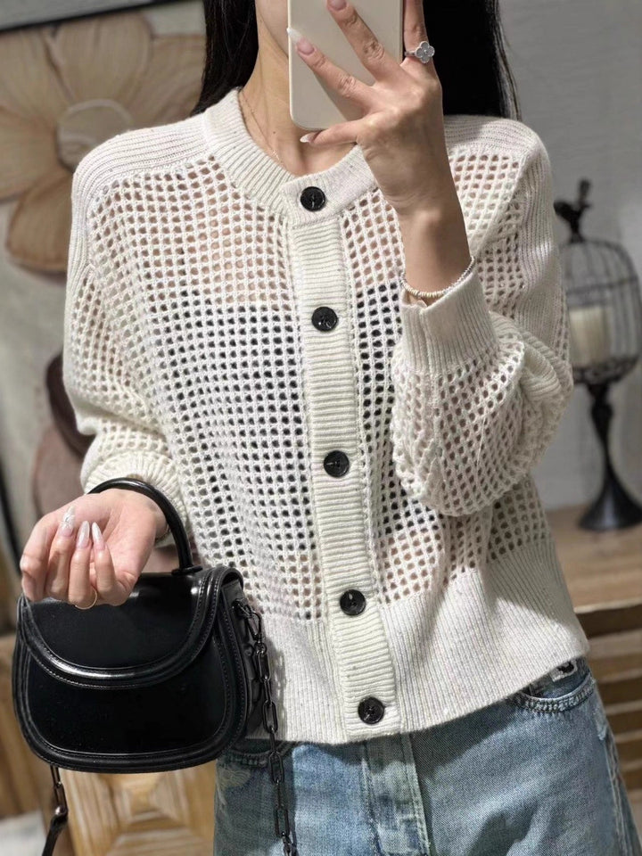 Damen Lockerer Mesh‑Cardigan mit Gitter‑Ajour, Rundhalsausschnitt und Knopfleiste Drune