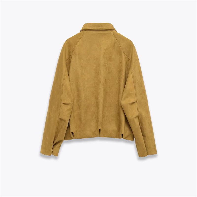Damen nan cropped Wildlederoptik Bomberjacke mit verdecktem Reißverschluss und tailliertem Gummizugsaum Drune
