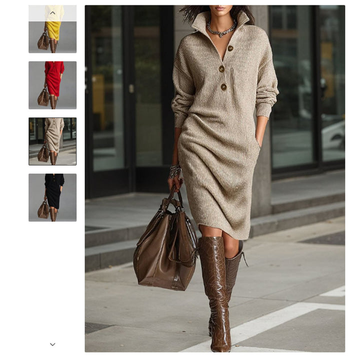 Damen nan gestricktes Pulloverkleid mit Polokragen, Eingrifftaschen und lässiger Passform Drune