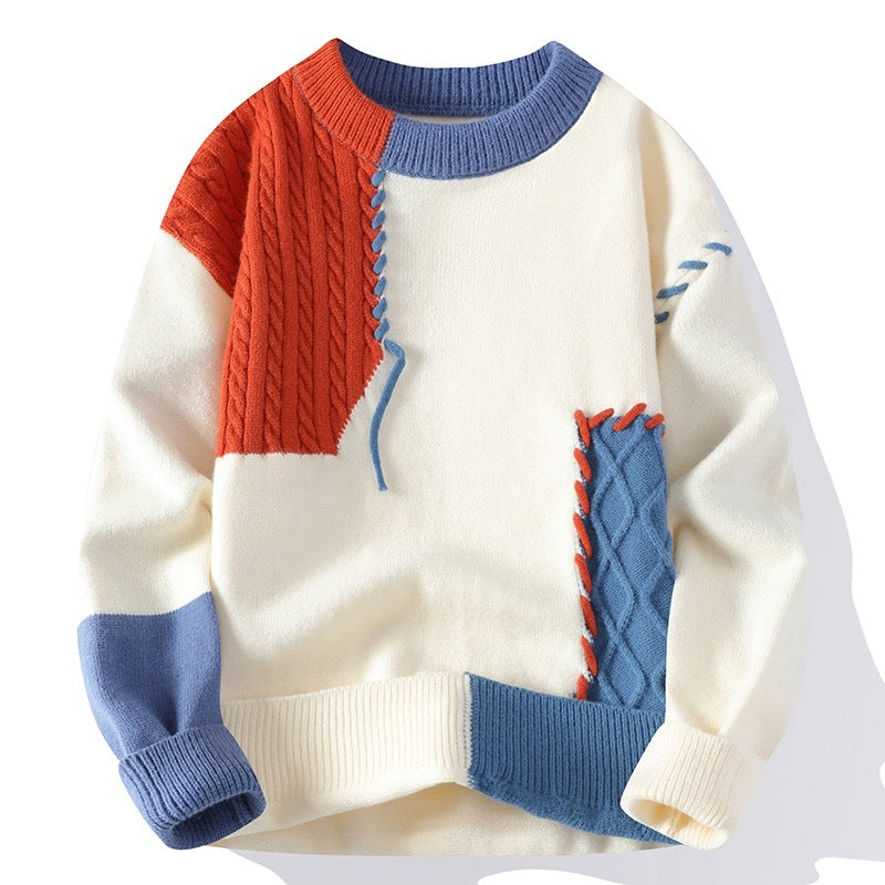 Unisex Patchwork-Strickpullover mit Zopfmuster-Applikationen und Rippabschlüssen Drune