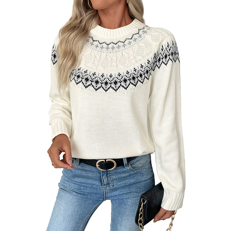 Damen Gemusterter Strickpullover mit Rundhalsausschnitt Drune