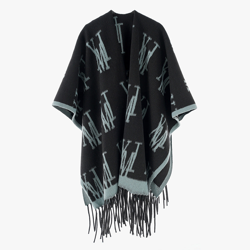Damen Oversize-Monogramm-Capeponcho aus Wollmix mit Fransensaum Drune