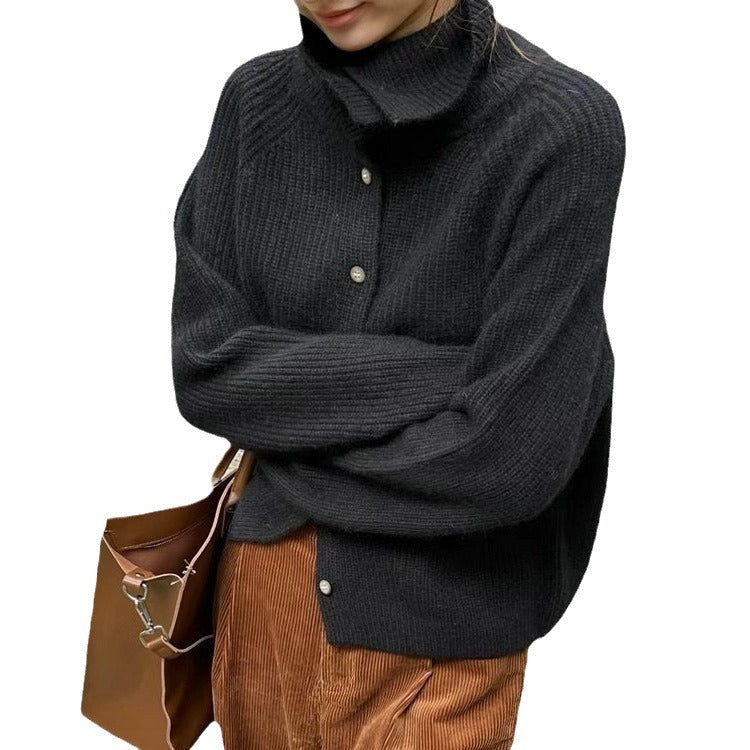 Damen elegante Strickjacke mit hohem Kragen und dekorativen Knöpfen Drune