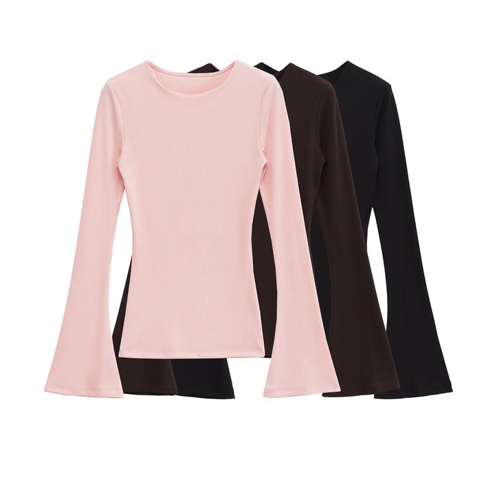 Damen Figurbetontes Rippshirt mit Carmenausschnitt und ausgestellten Schlagärmeln Drune