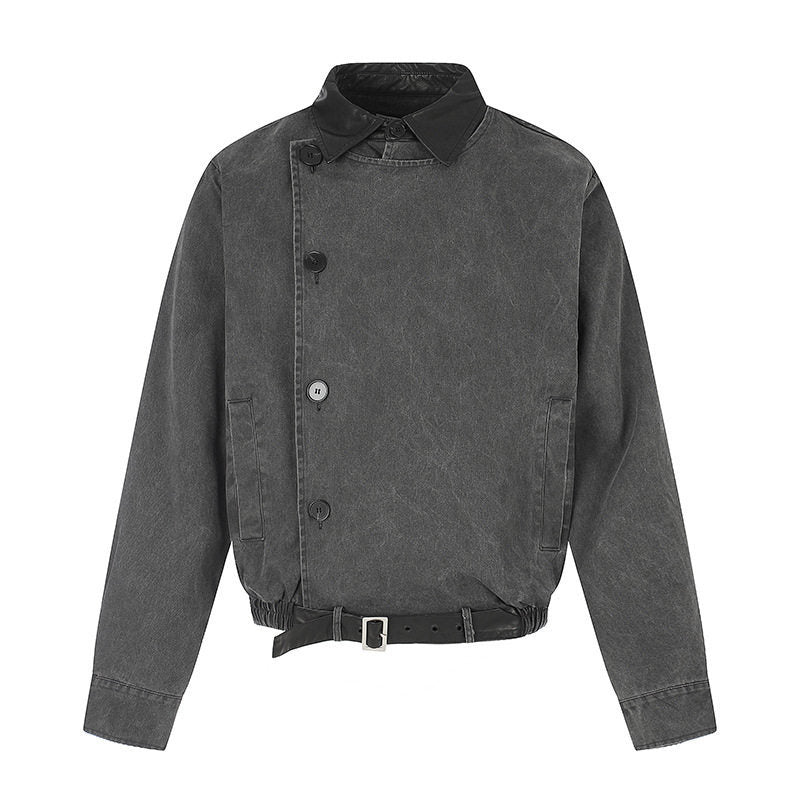 Herren Asymmetrische Canvas-Bomberjacke mit Lederriemen und Stehkragen Drune