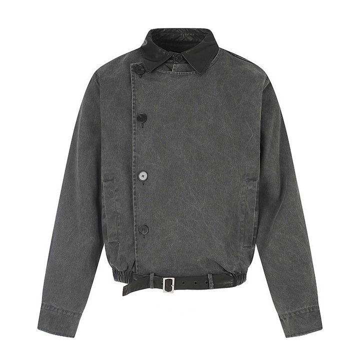 Herren Asymmetrische Canvas-Bomberjacke mit Lederriemen und Stehkragen Drune