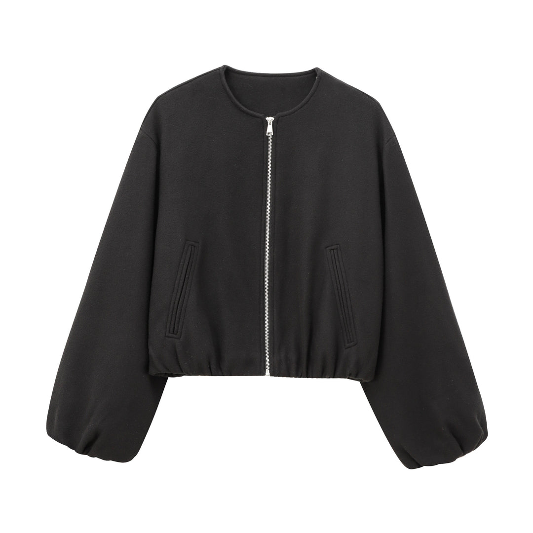 Damen Kurzer Wollmix-Bomber mit Rundhals, Reißverschluss und elastischem Saum Drune