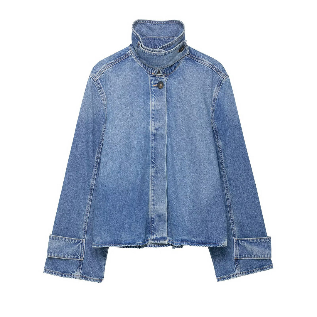 Damen Cropped Boxy-Jeansjacke mit hohem Funnelkragen und extraweiten Manschetten Drune