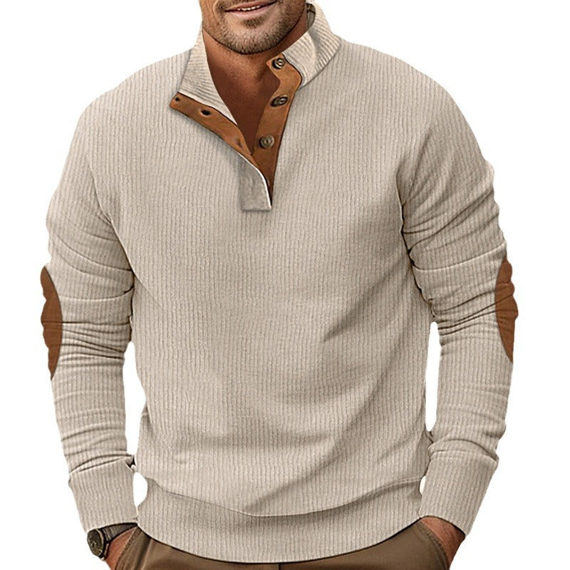 Herren nan strukturiertes Rugby-Pullover mit Stehkragen, Knopfleiste und Leder-Ellenbogenpatches Drune