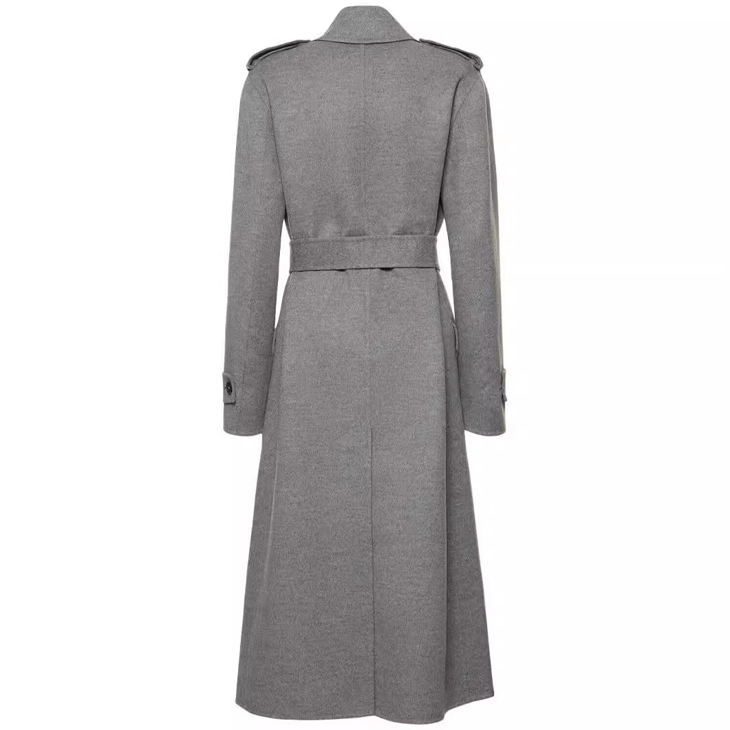 Damen Midilanger Taillierter Doppelreiher‑Trenchcoat aus Wollmix mit ausgestelltem Saum Drune