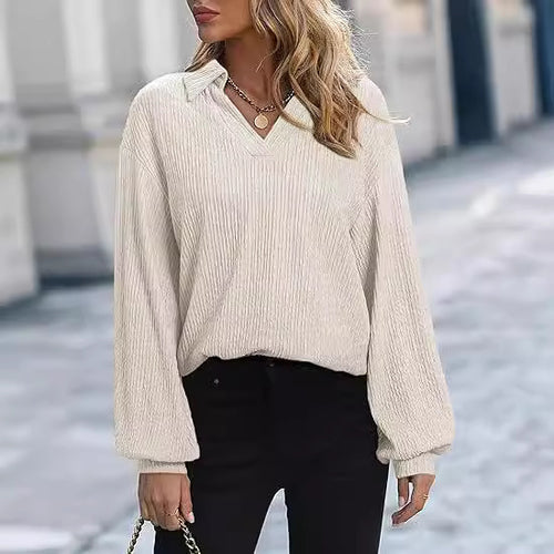 Damen Fleece-Microstruktur Pullover mit V-Ausschnitt und langen Ärmeln Drune