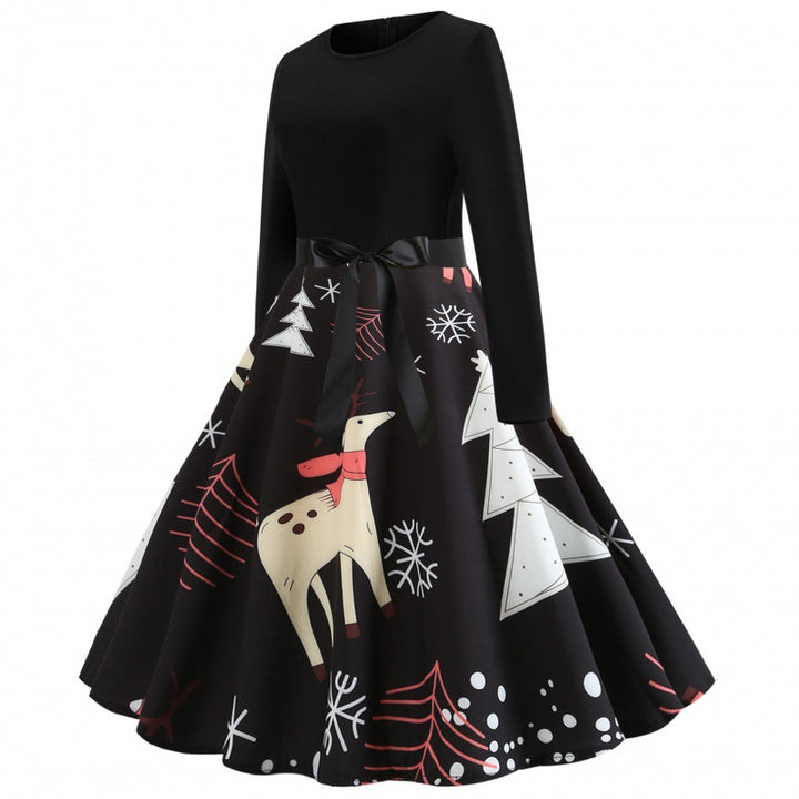 Damen festliches A-Linien Kleid mit weihnachtlichem Rentier-Print und Satin-Taillenband Drune
