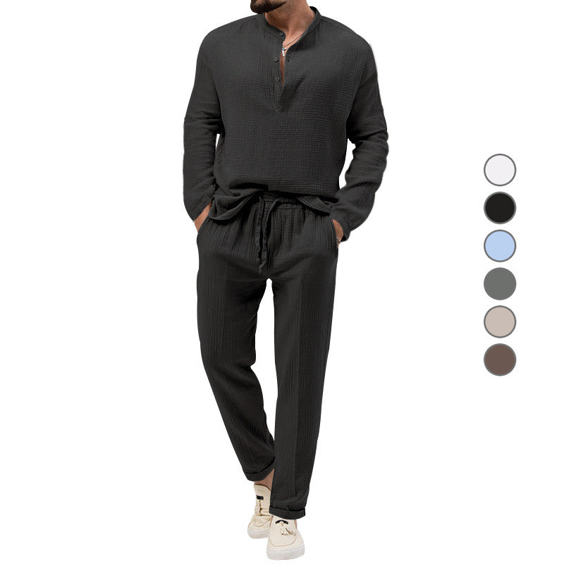Herren Lässiges Zweiteiliges Lounge-Set aus Baumwoll-Gauze mit Henley-Oberteil und Tunnelzug-Hose Drune