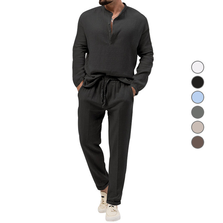 Herren Lässiges Zweiteiliges Lounge-Set aus Baumwoll-Gauze mit Henley-Oberteil und Tunnelzug-Hose Drune