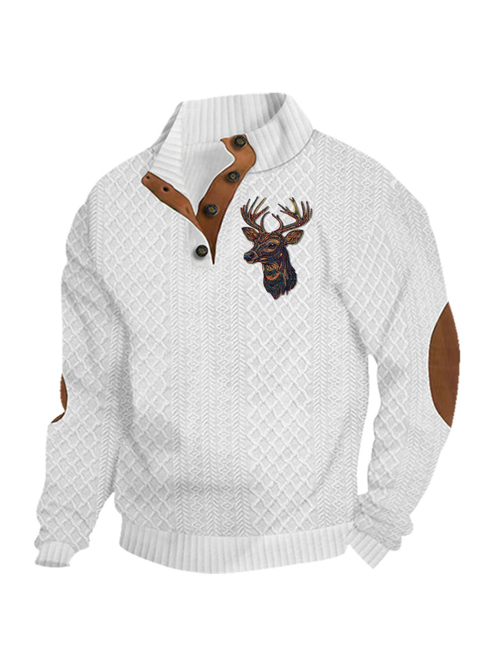 Herren nan Heritage-Strukturpullover mit Stehkragen Lederimitat-Besatz Ellenbogen-Patches und Halbknopfleiste Drune