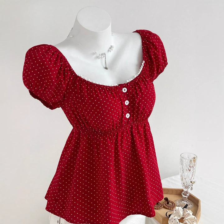 Damen Sommerkleid mit Puffärmeln und süßem Punkten Drune