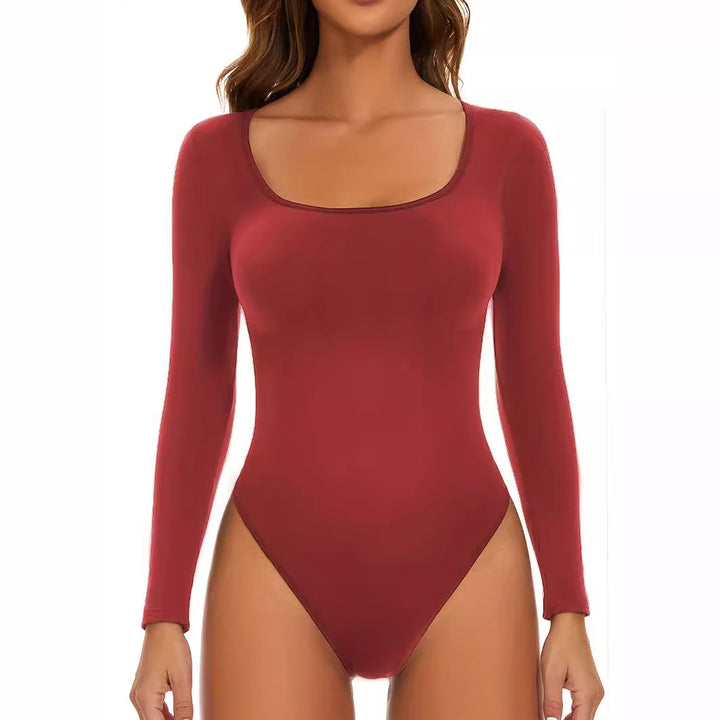 Damen Langarm Bodysuit mit tiefem Rundhalsausschnitt und figurbetontem Schnitt Drune