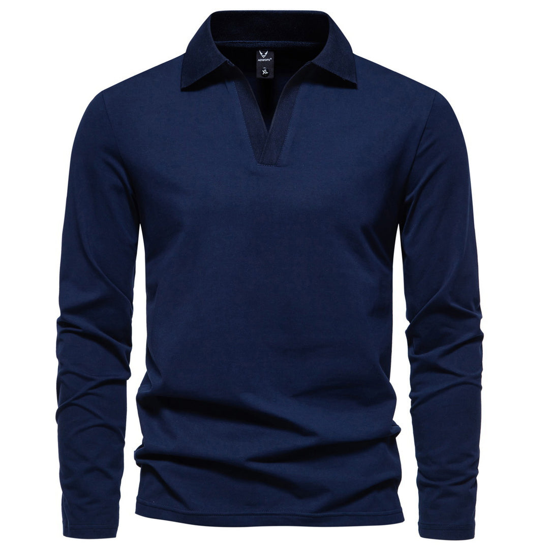 Herren nan Langarm-Polo mit offenem V-Ausschnitt, feinem Rippenkragen und schmaler Silhouette Drune