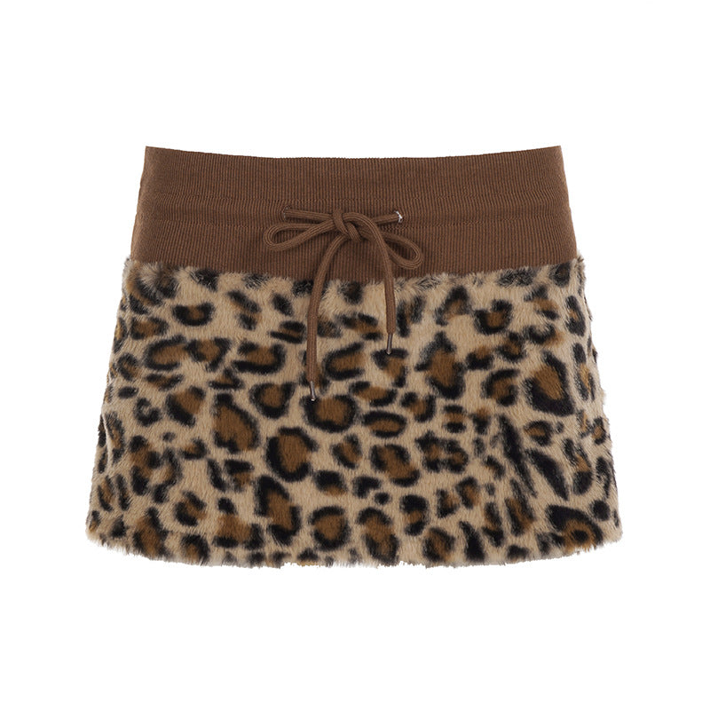 Damen trendiger Kuschelrock mit Leopardendruck und elastischem Bund Drune