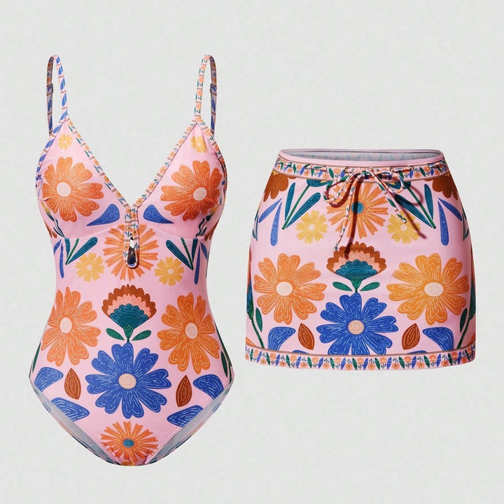 Damen Badeanzug mit floralem Design und abnehmbarem Rock Drune