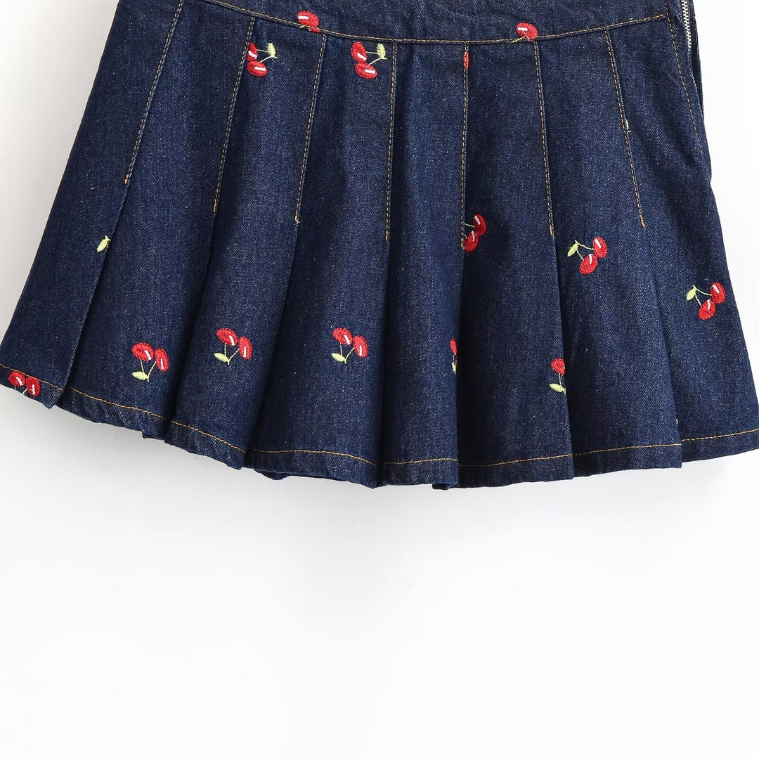 Damen Jeansrock mit aufwendigen Stickereien und plissiertem Design Drune