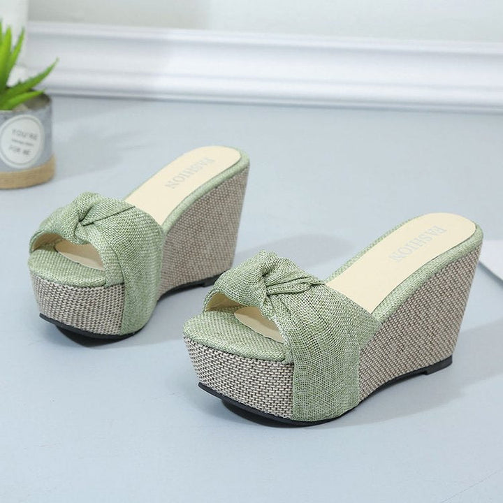 Damen nan Keil-Pantolette mit hohem Bast-Plateau und gedrehtem Textilriemen Drune