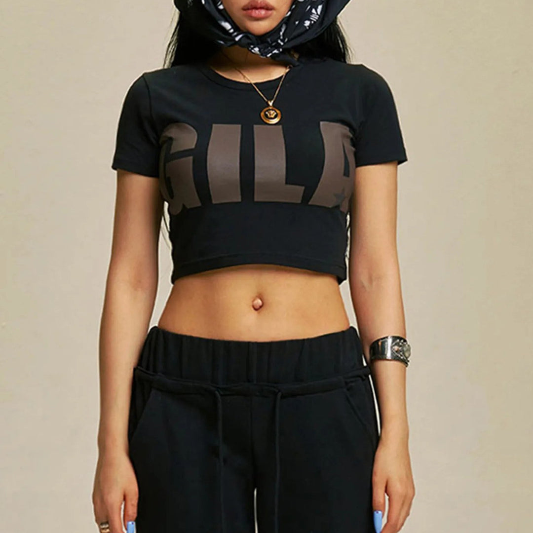 Damen Cropped T-Shirt mit auffälligem Grafikdruck Drune