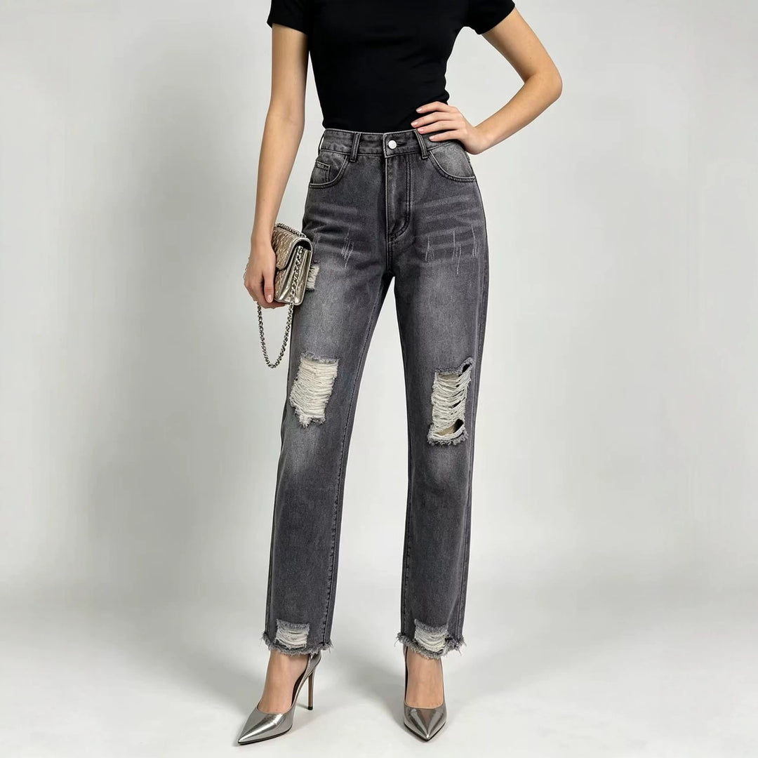 Damen nan hochgeschnittene Straight Leg Jeans mit gezielten Rissdetails und rohem Knöchelabschluss Drune