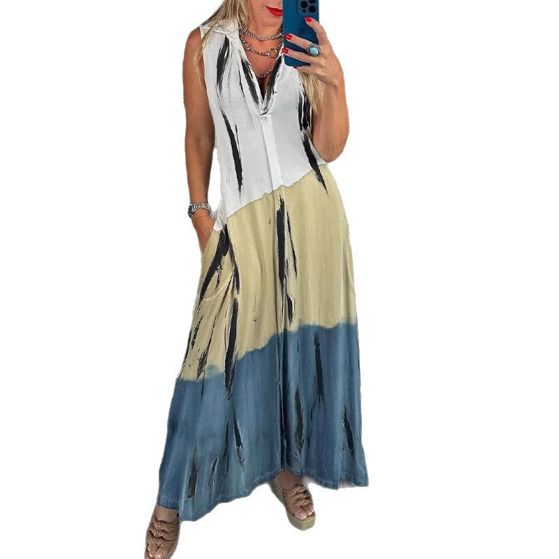 Damen nan ärmelloses Langkleid mit Hemdkragen, seitlichen Einschubtaschen und Pinselstreifenmuster Drune