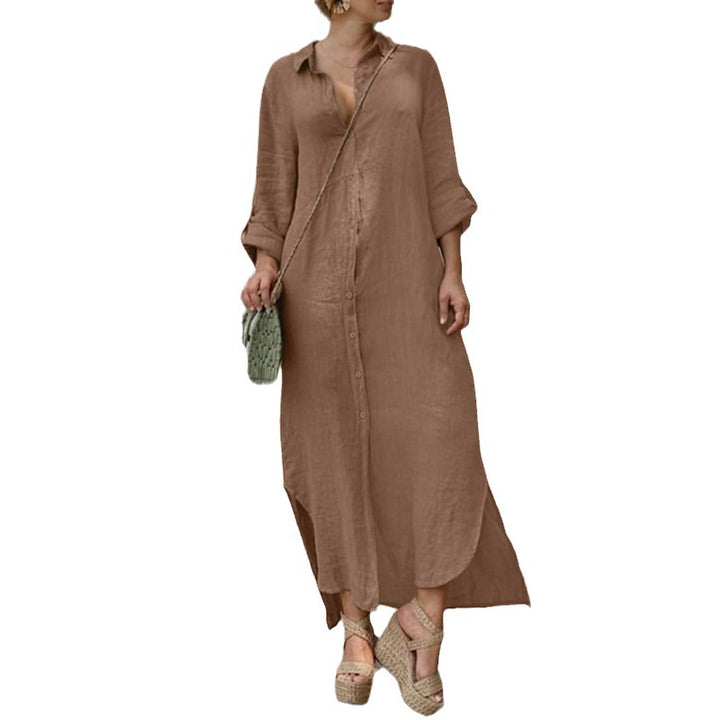 Damen Hemdblusenkleid mit durchgehender Knopfleiste, seitlichen Schlitzen und 3/4-Ärmeln Drune