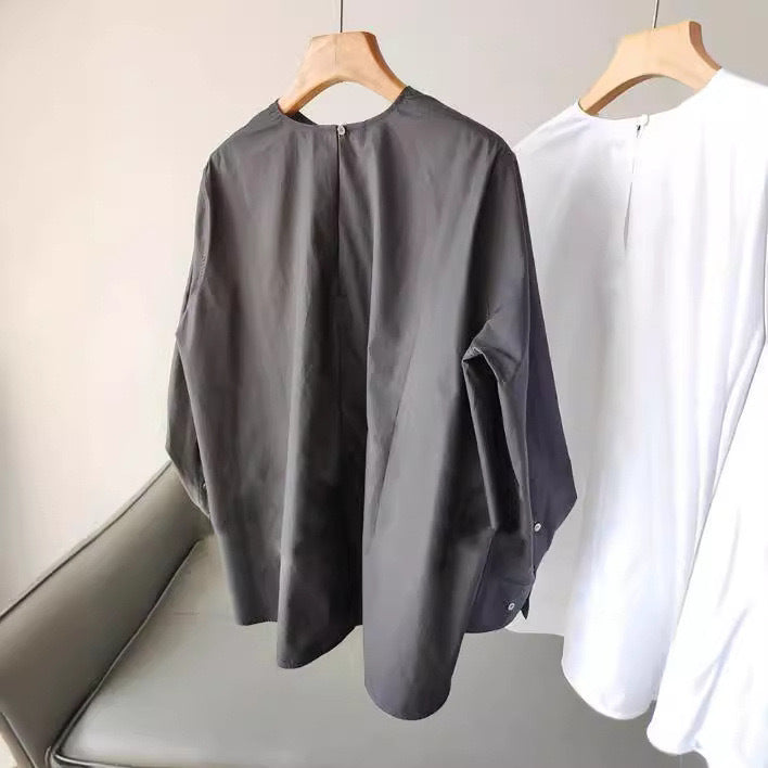 Damen Oversize-Bluse aus leichtem Baumwollmix mit weiten Ballonärmeln und verlängertem Rückensaum Drune