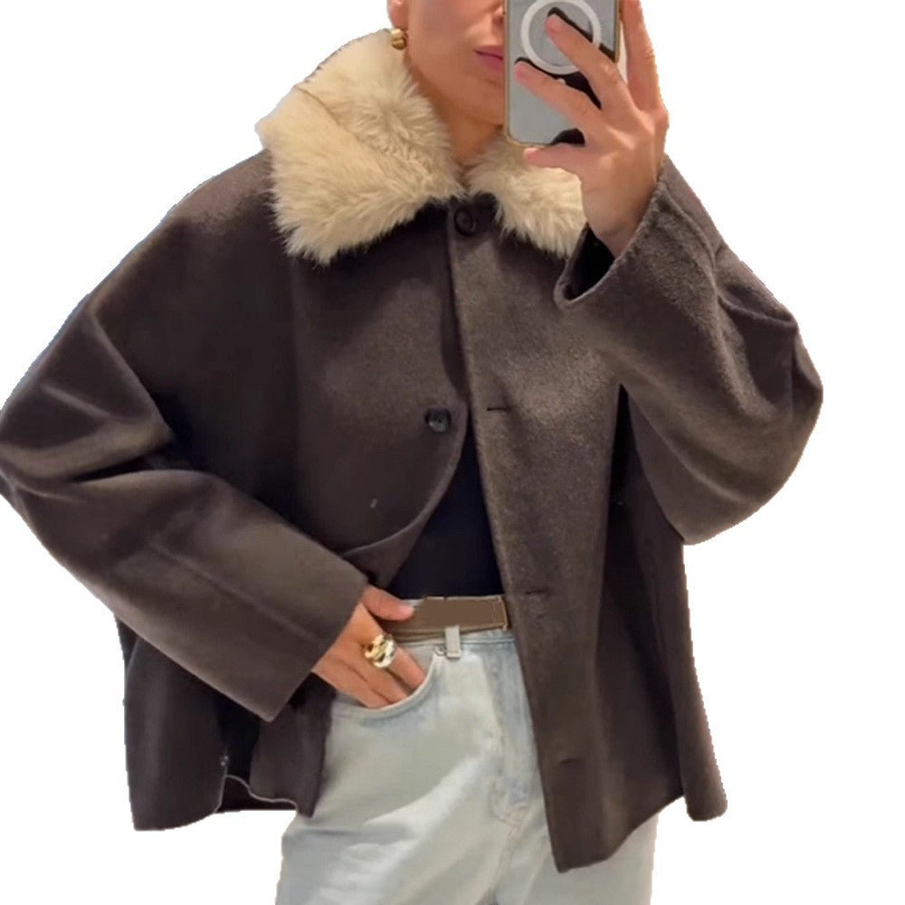 Damen Boxy-Cropped Wollmix-Jacke mit weichem Kunstpelz‑Schalkragen Drune