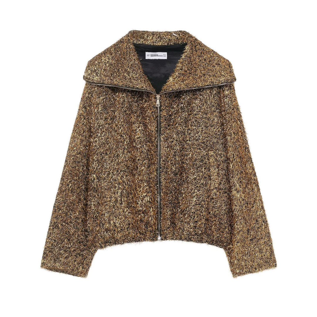 Damen nan cropped Glitzer-Strickjacke mit Reißverschluss und weitem Schalkragen Drune
