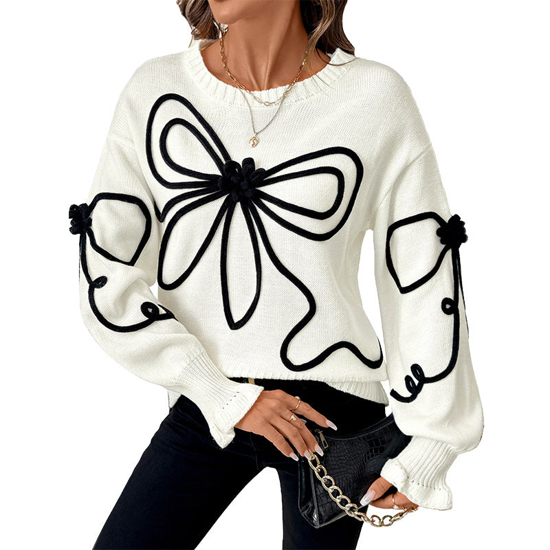 Damen Strickpullover mit kontrastierter Kordelblumenapplikation und Rippbündchen Drune