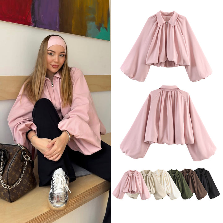 Damen Kurze Cape-Jacke mit voluminösen Ballonärmeln, Stehkragen und Reißverschluss Drune