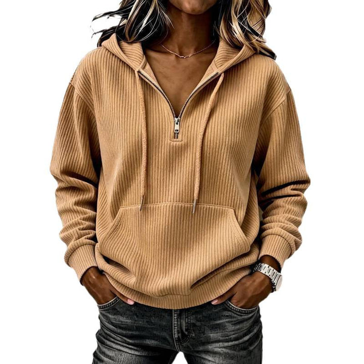 Damen Gerippter Halfzip-Kapuzenpullover mit Kängurutasche Drune