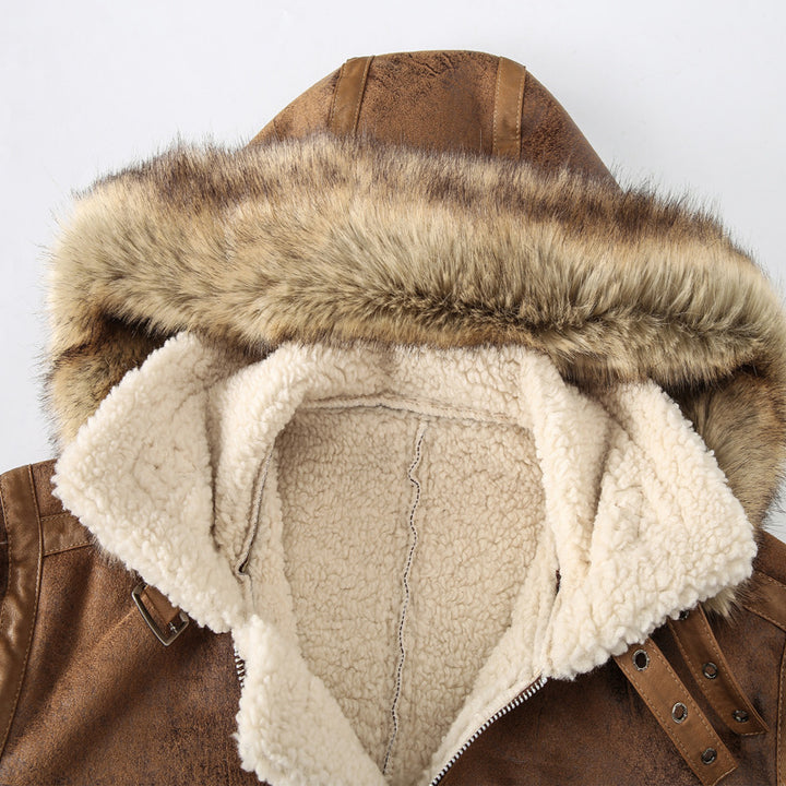 Herren Vintage Lammfell Fliegerjacke mit Kapuze und Teddyfutter Drune
