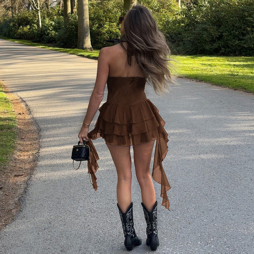 Damen verspieltes Minikleid mit Rüschen und Spaghettiträgern Drune