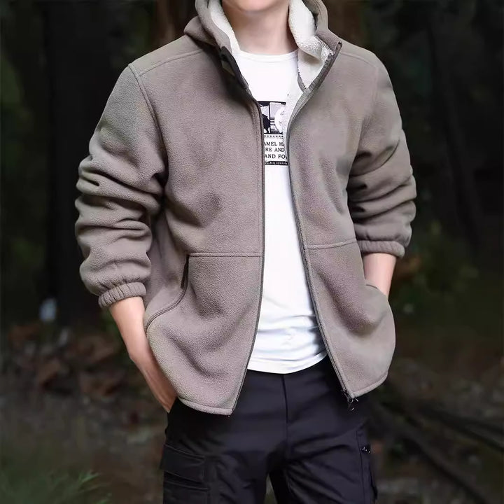 Herren Kapuzen-Fleecejacke mit Sherpa-Innenfutter, Zwei-Wege-Reißverschluss und windabweisender Front Drune