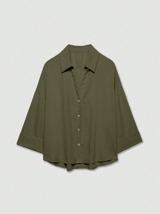 Damen Leichte Oversize Leinenoptik Bluse mit Dreiviertelärmeln und durchgehender Knopfleiste Drune