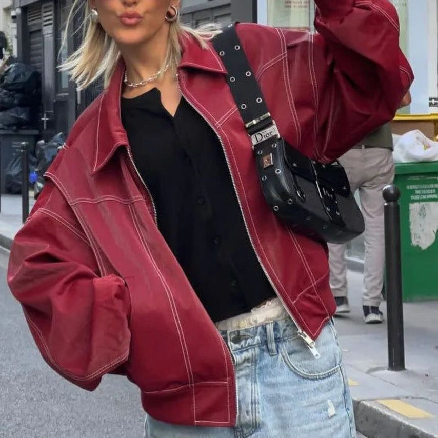 Drune | Damen Faux Leder Jacke Elastische Ärmel