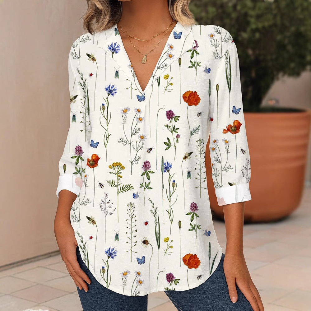Damen Florale V-Ausschnitt Tunika-Bluse mit dreiviertel-Ärmeln und abgerundetem Saum Drune