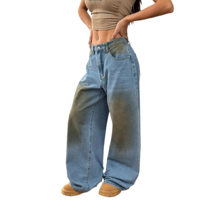 Damen weite High‑Waist-Jeans im Vintage-Wash mit verwaschener Fleckoptik und extra weitem Bein Drune