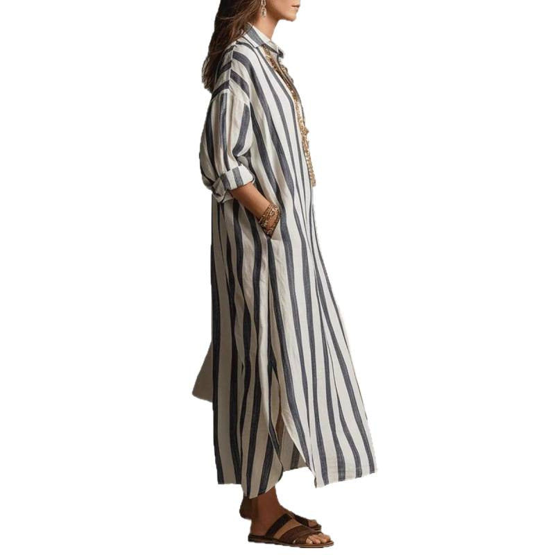 Damen Langes gestreiftes Hemdblusenkleid aus Leinenoptik mit V-Ausschnitt und Eingrifftaschen Drune